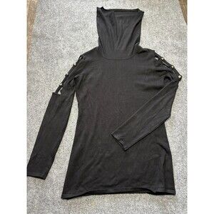 Questions Sweater Womens Large L Black Cold Shoulder pull over Cotton Rayon